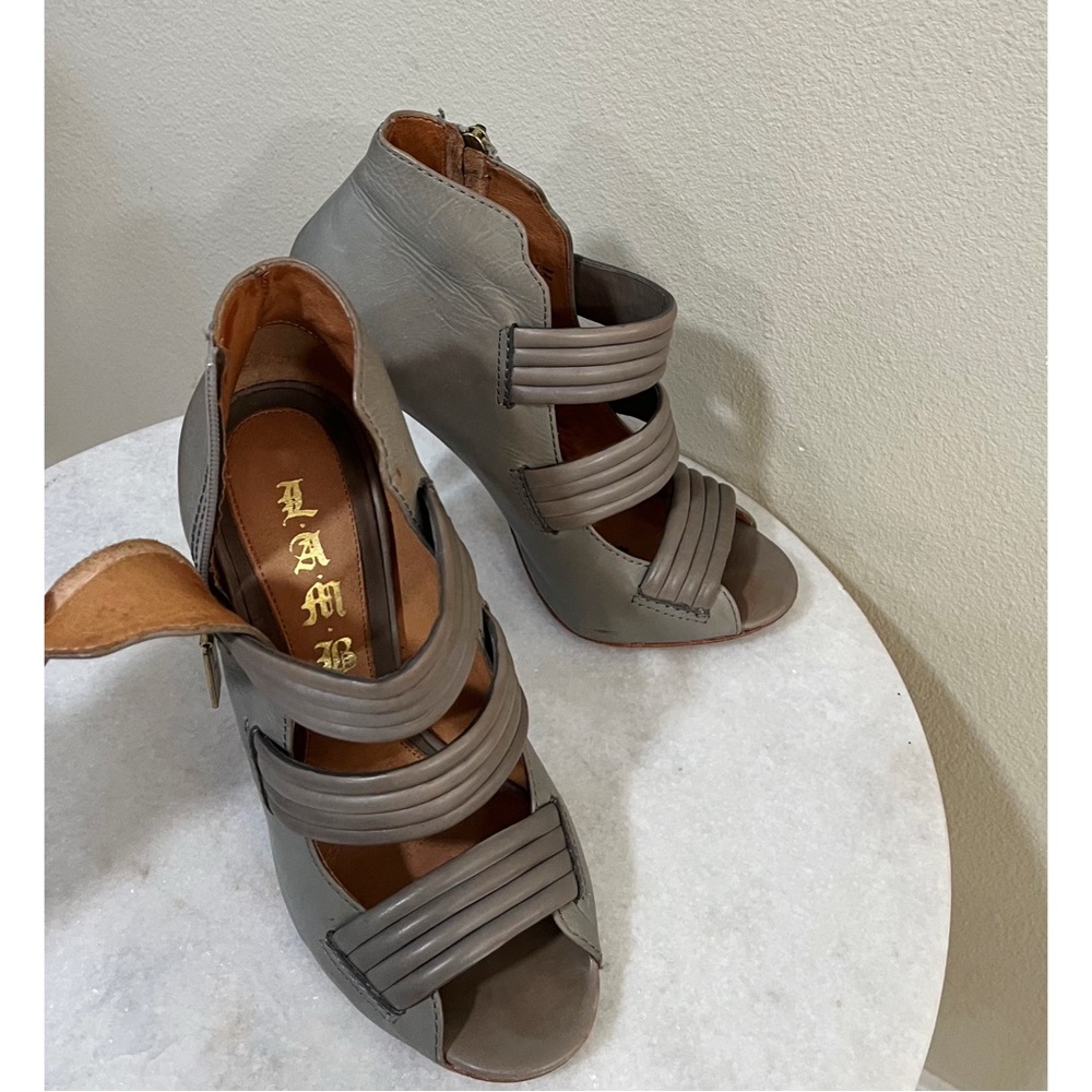 L.A.M.B. Size 8M Grey Peep Toe Leather Pump Cage High Heels - Picture 6 of 10